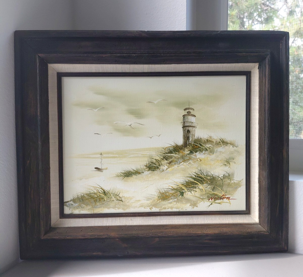 VTG Sea Seascape Lighthouse Oil Painting Signed Norton Greens and Creams Framed